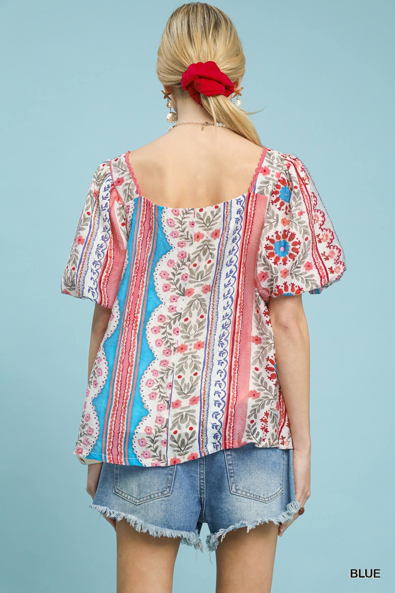 Patchwork Puff Sleeve Smocked Blouse, image 3