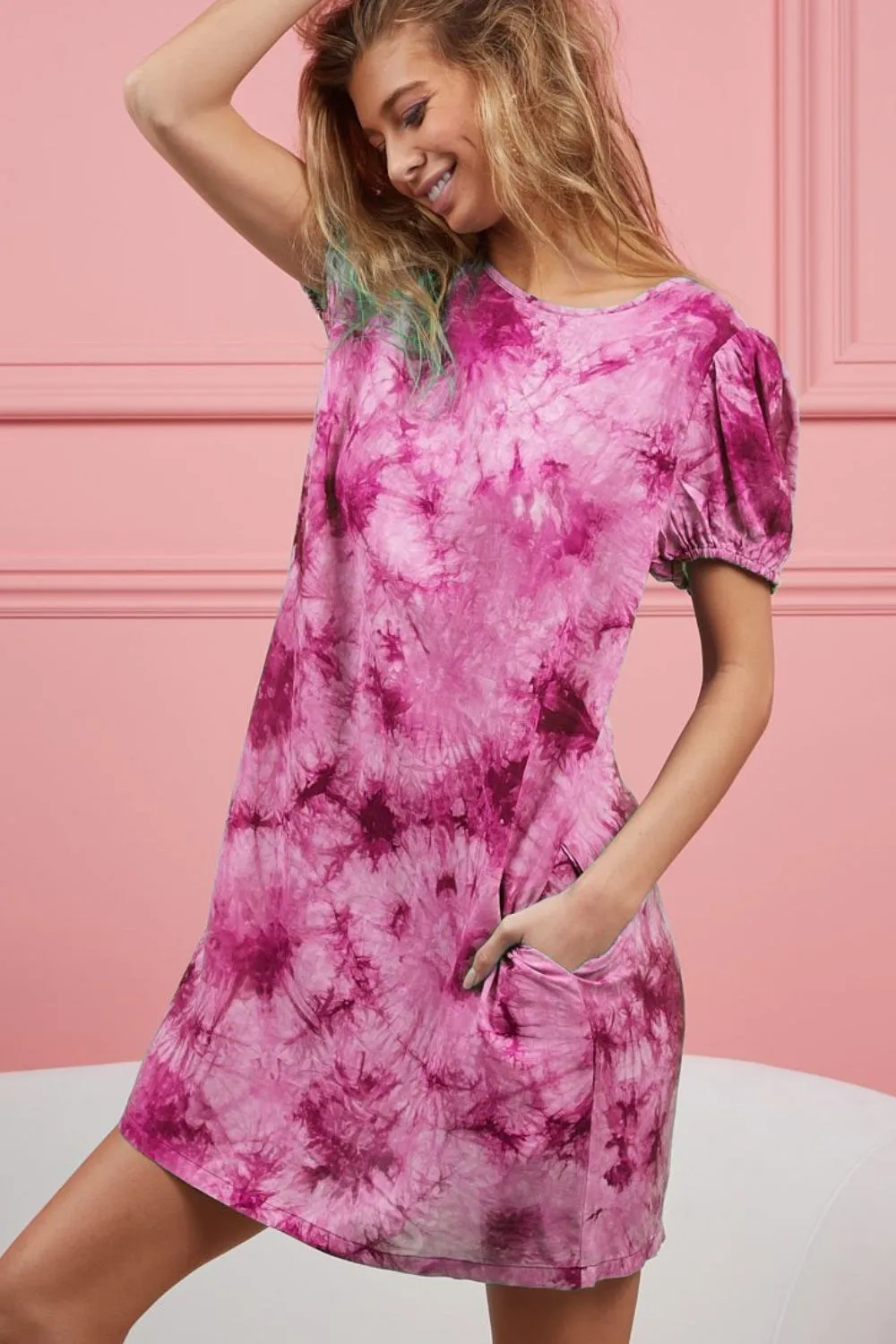 Puff Sleeve With Side Pockets Tie Dye Dress
