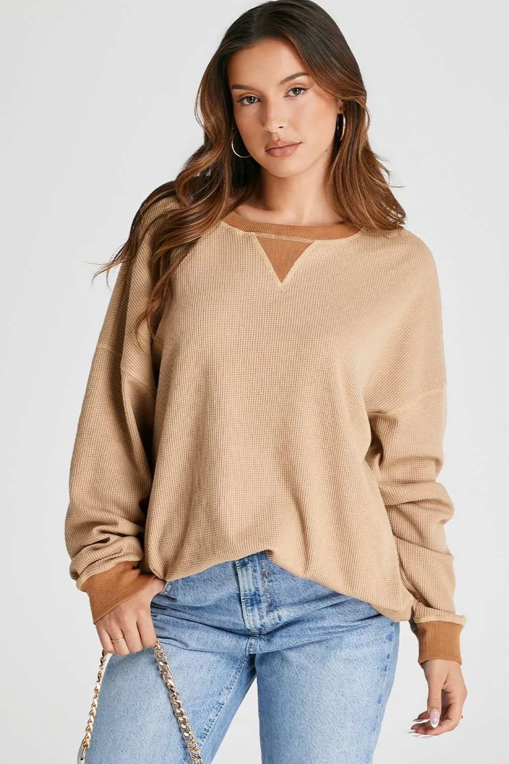 Waffle-Knit Long Sleeve Sweatshirt, image 3