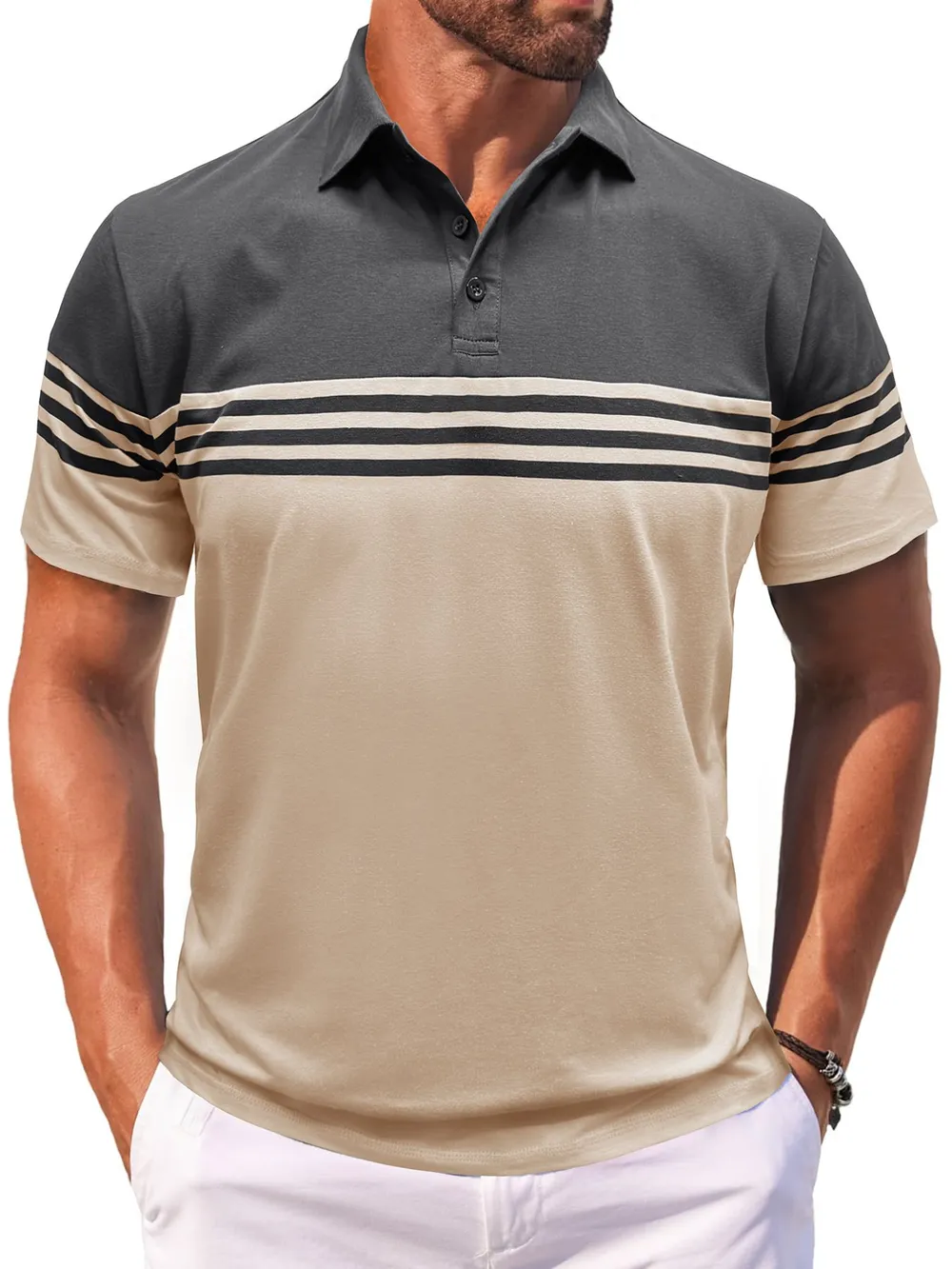 Men's Full Size Color Block Striped Polo Shirt Plus Size, image 9