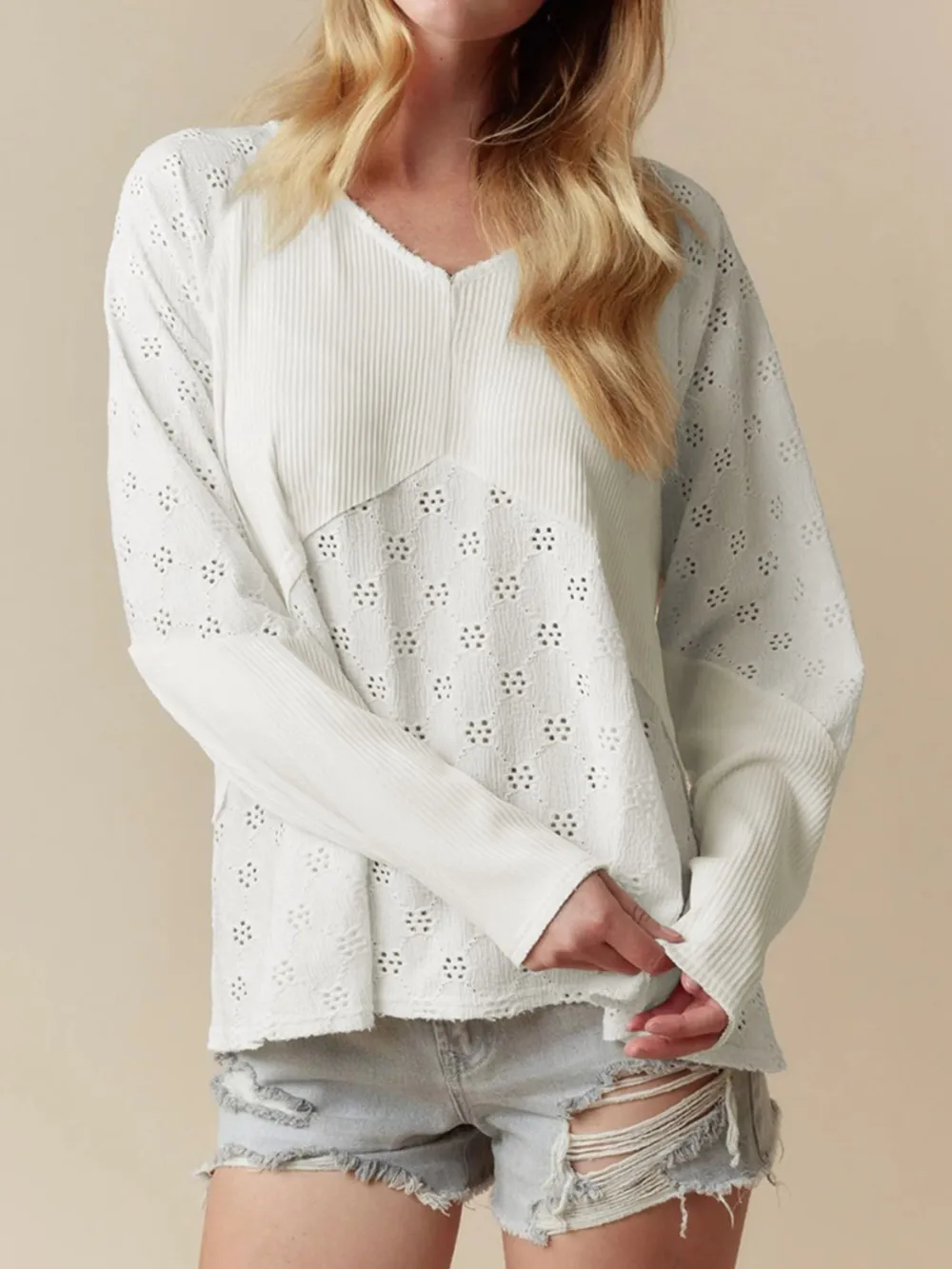 Eyelet Embroidered Loose V Neck Long Sleeve Top, image 2