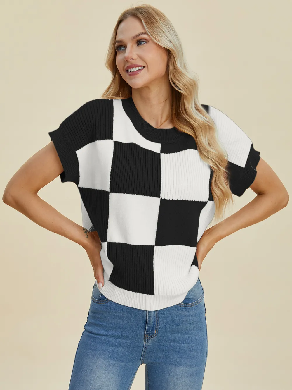 Full Size Checkered Round Neck Short Sleeve Sweater, image 3