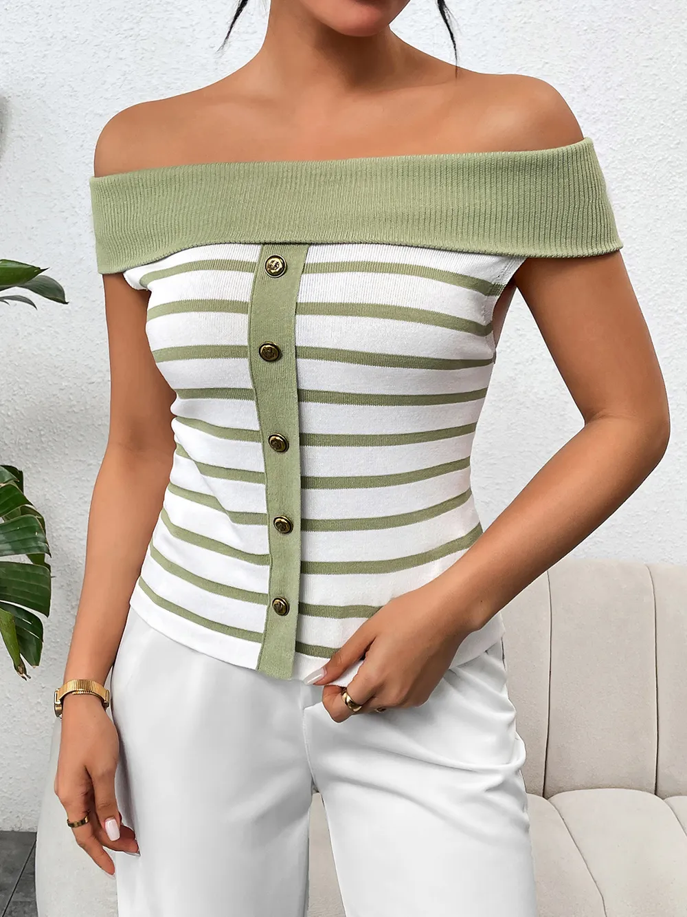 Decorative Button Striped Off-Shoulder Knit Top, image 4