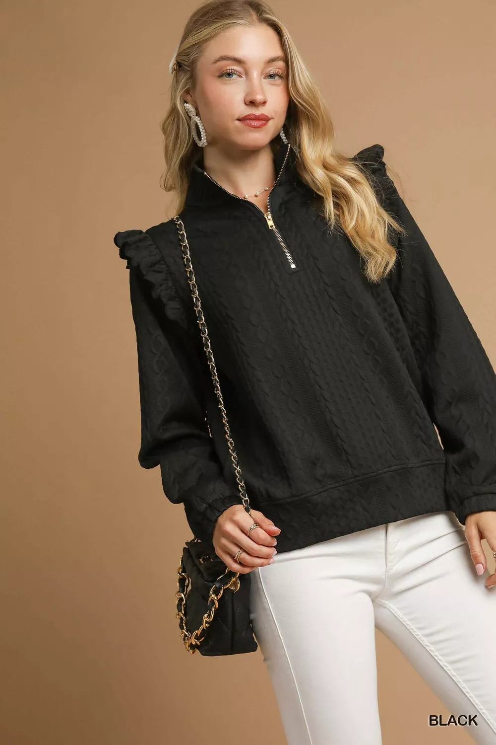 Cable Knit Textured Pullover with Ruffle Shoulders
