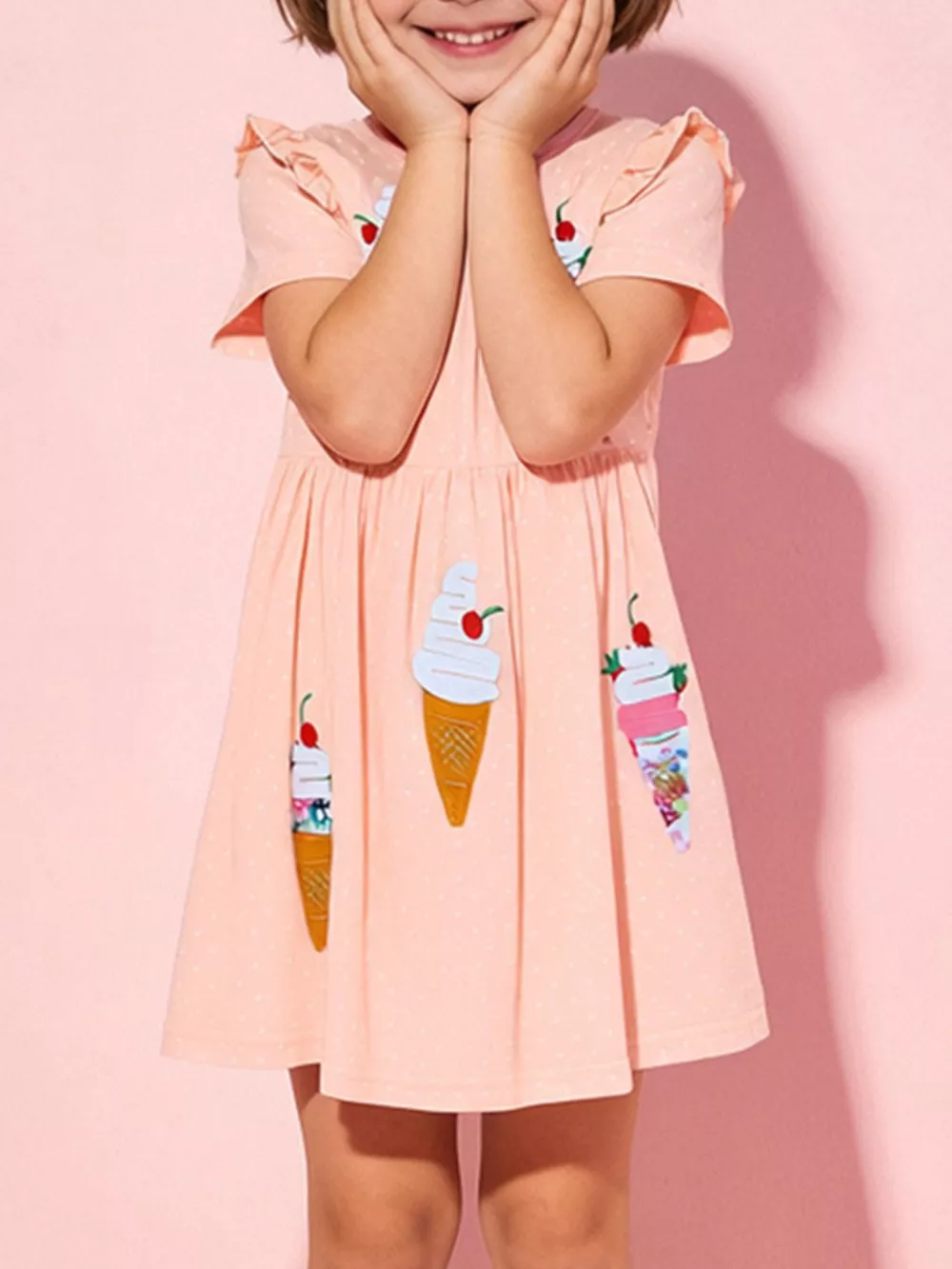 Children's Ice Cream Applique Round Neck Dress