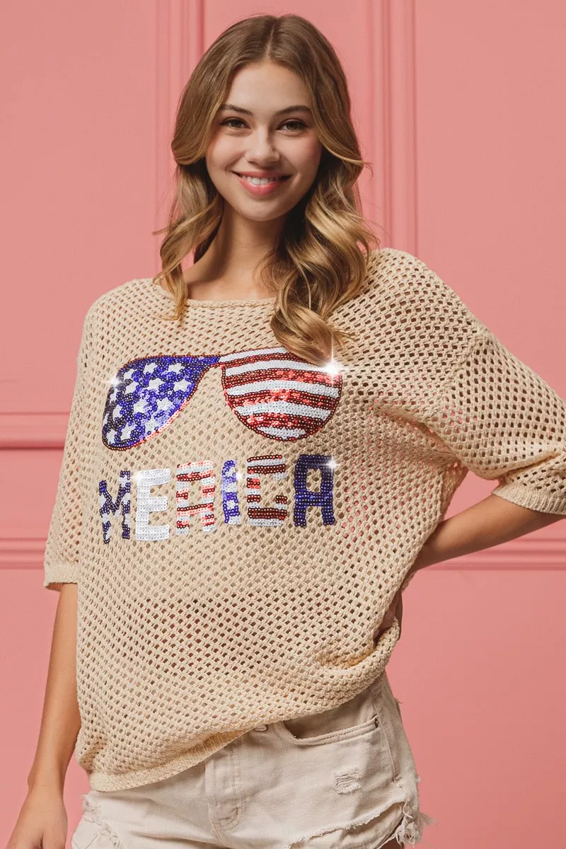 Sequin American Flag Sunglasses Knit Cover Up, image 2