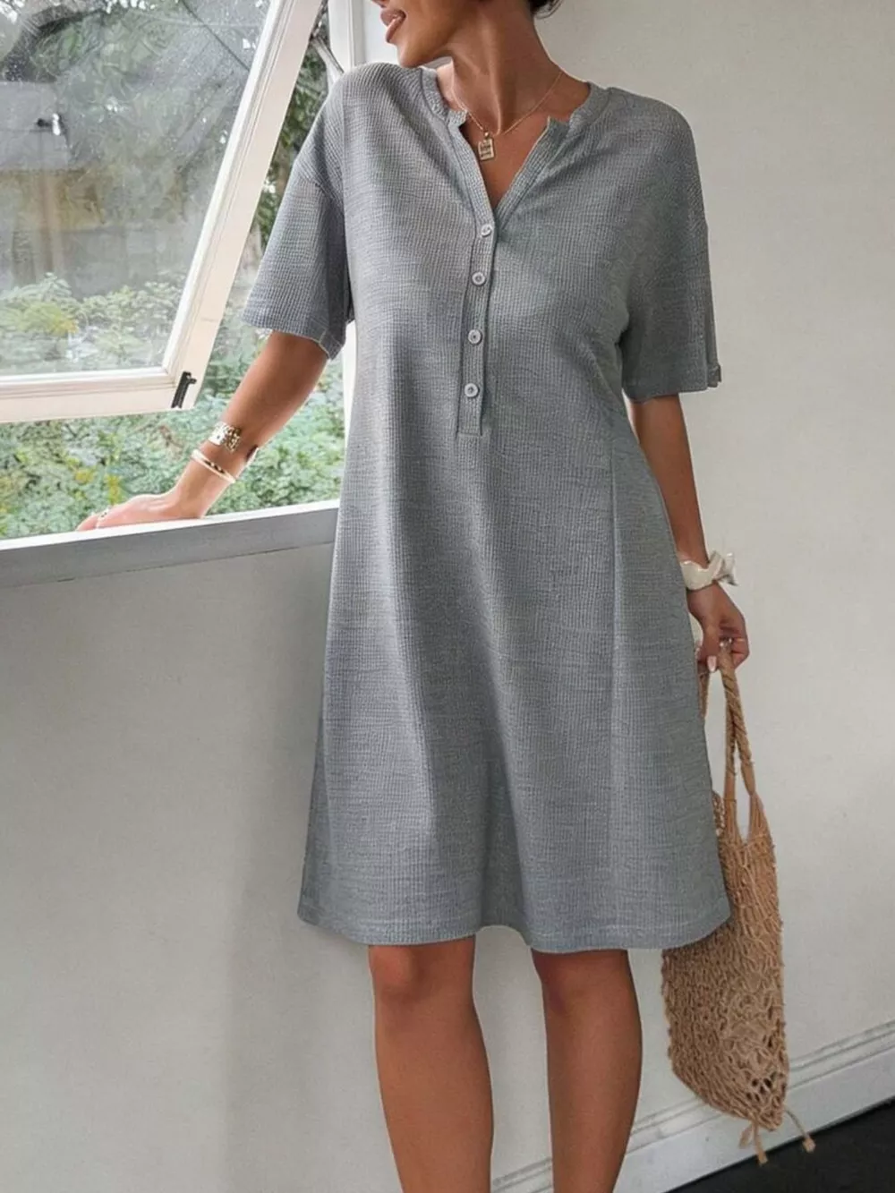 Button-Front Short Sleeve Dress