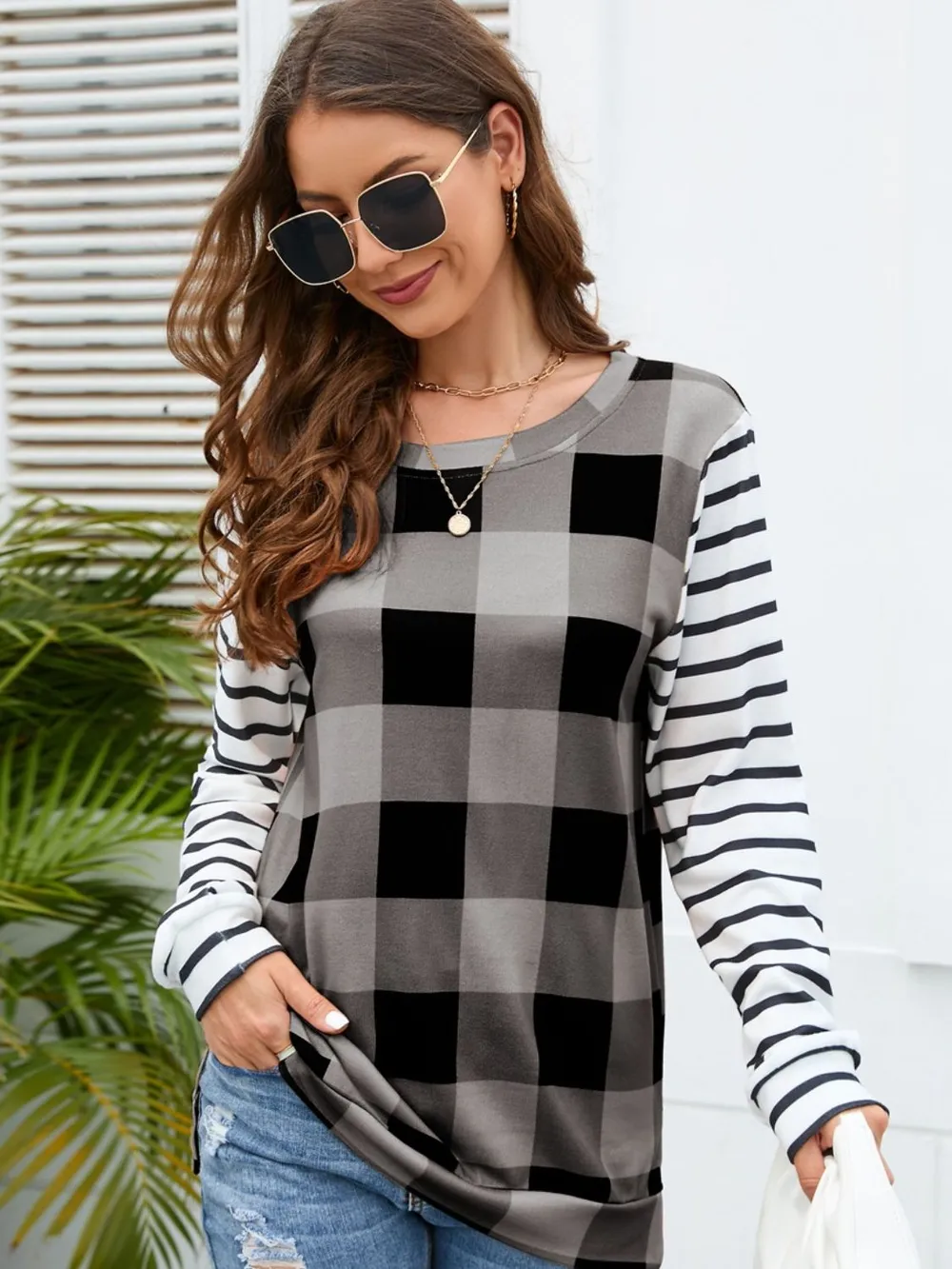 Plaid Striped Round Neck Long Sleeve T-Shirt, image 12