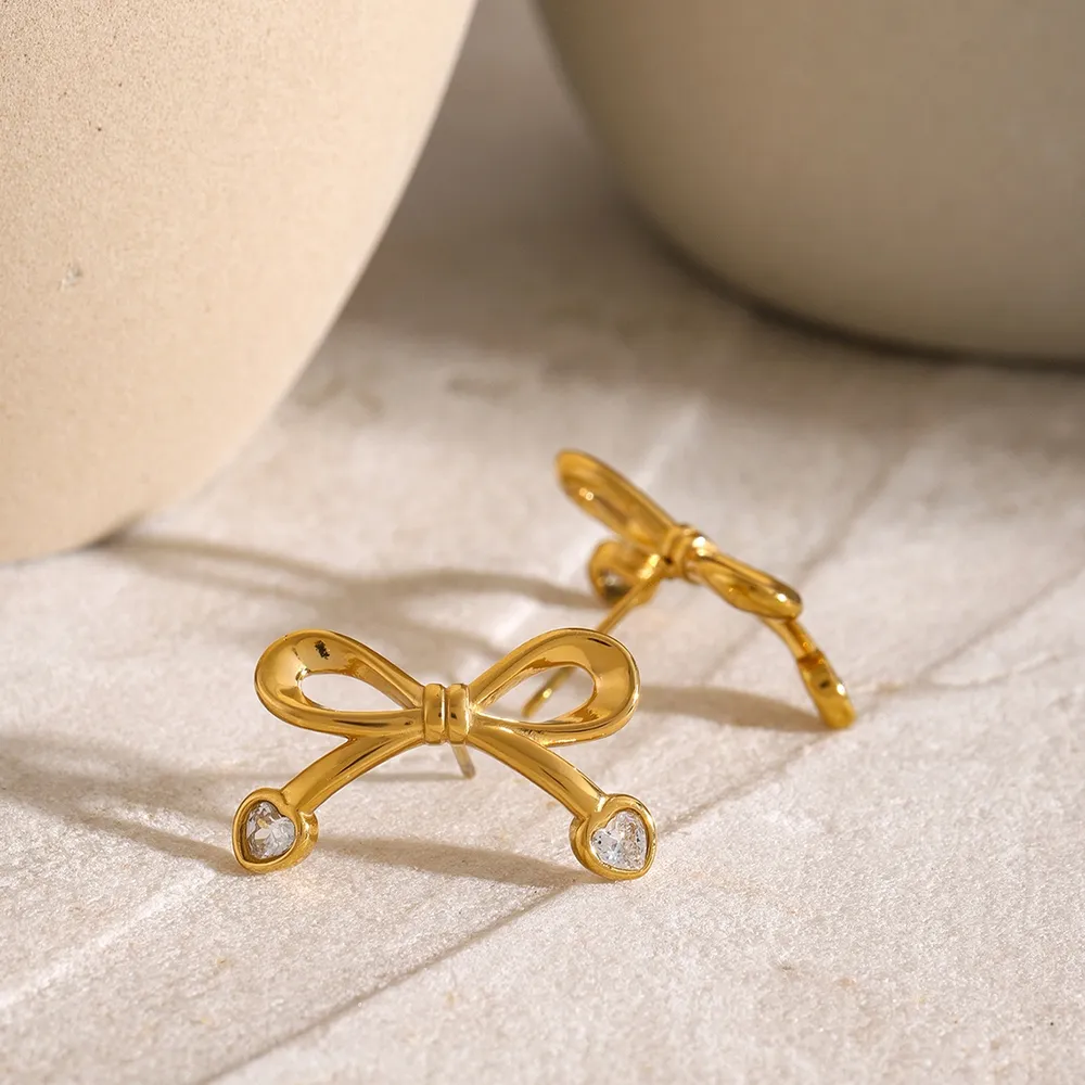 Stainless Steel Inlaid Zircon Bow Earrings, image 6