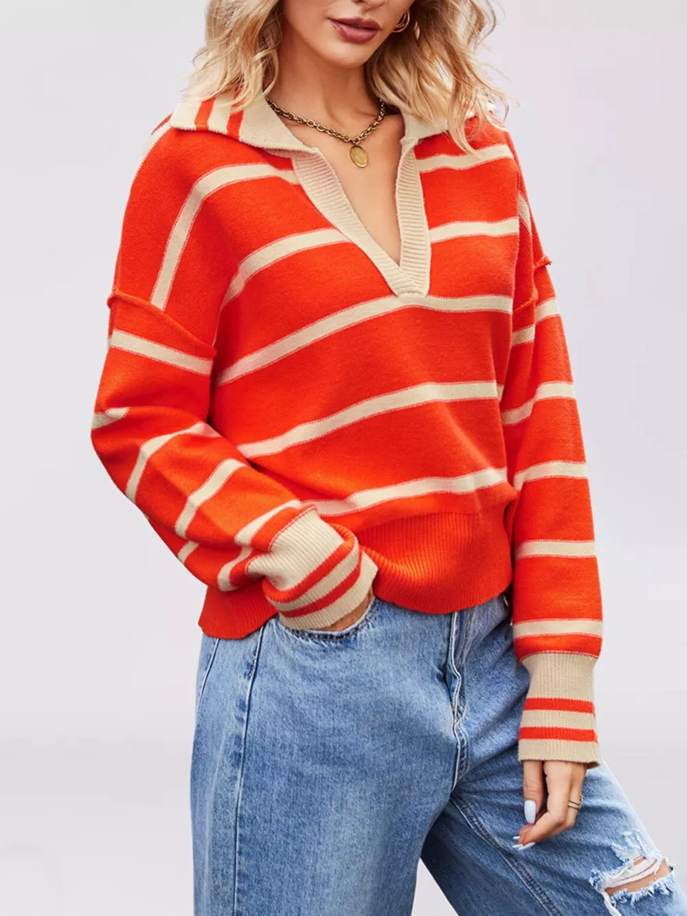 Striped Johnny Collar Dropped Shoulder Sweater, image 4