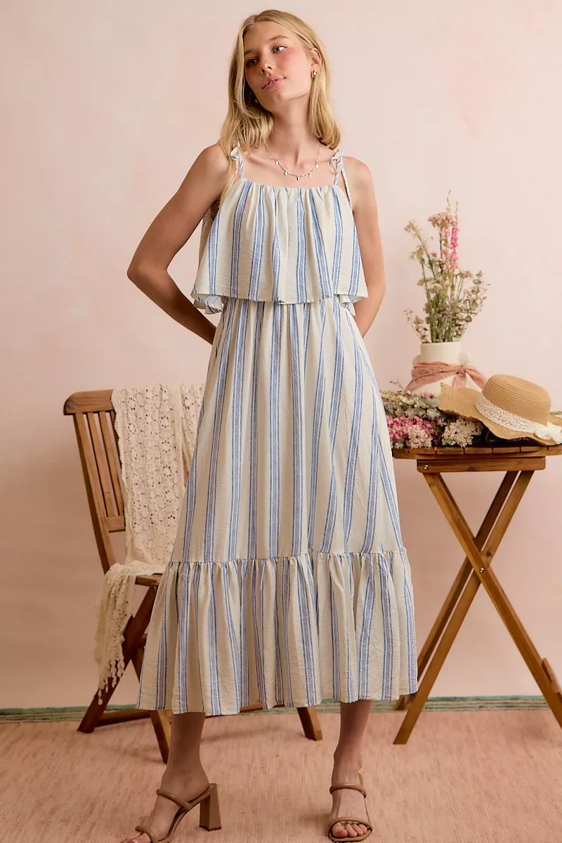 Stripe Tiered Shoulder Tie Midi Lined Dress, image 21