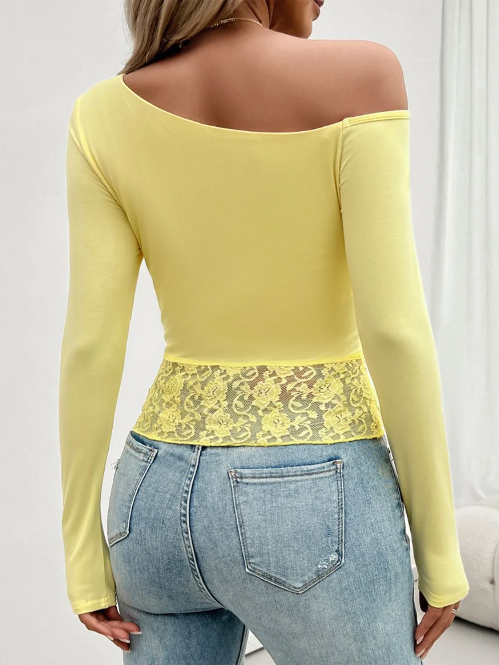 Single Shoulder Long Sleeve Lace T-Shirt, image 19
