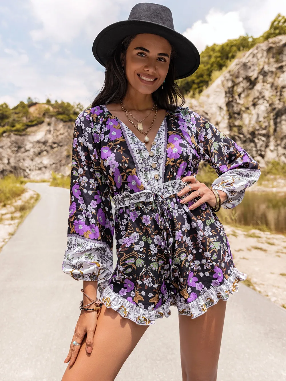 Printed Frill Half Button Balloon Sleeve Romper, image 2