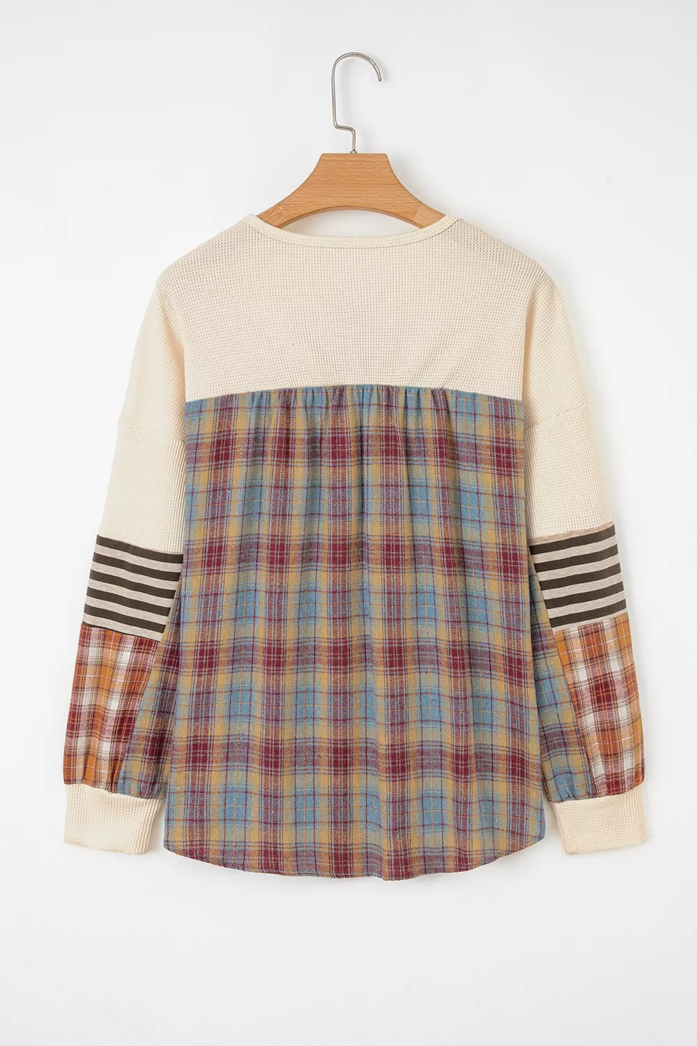 Waffle Knit Plaid Patchwork Long Sleeve Blouse, image 2