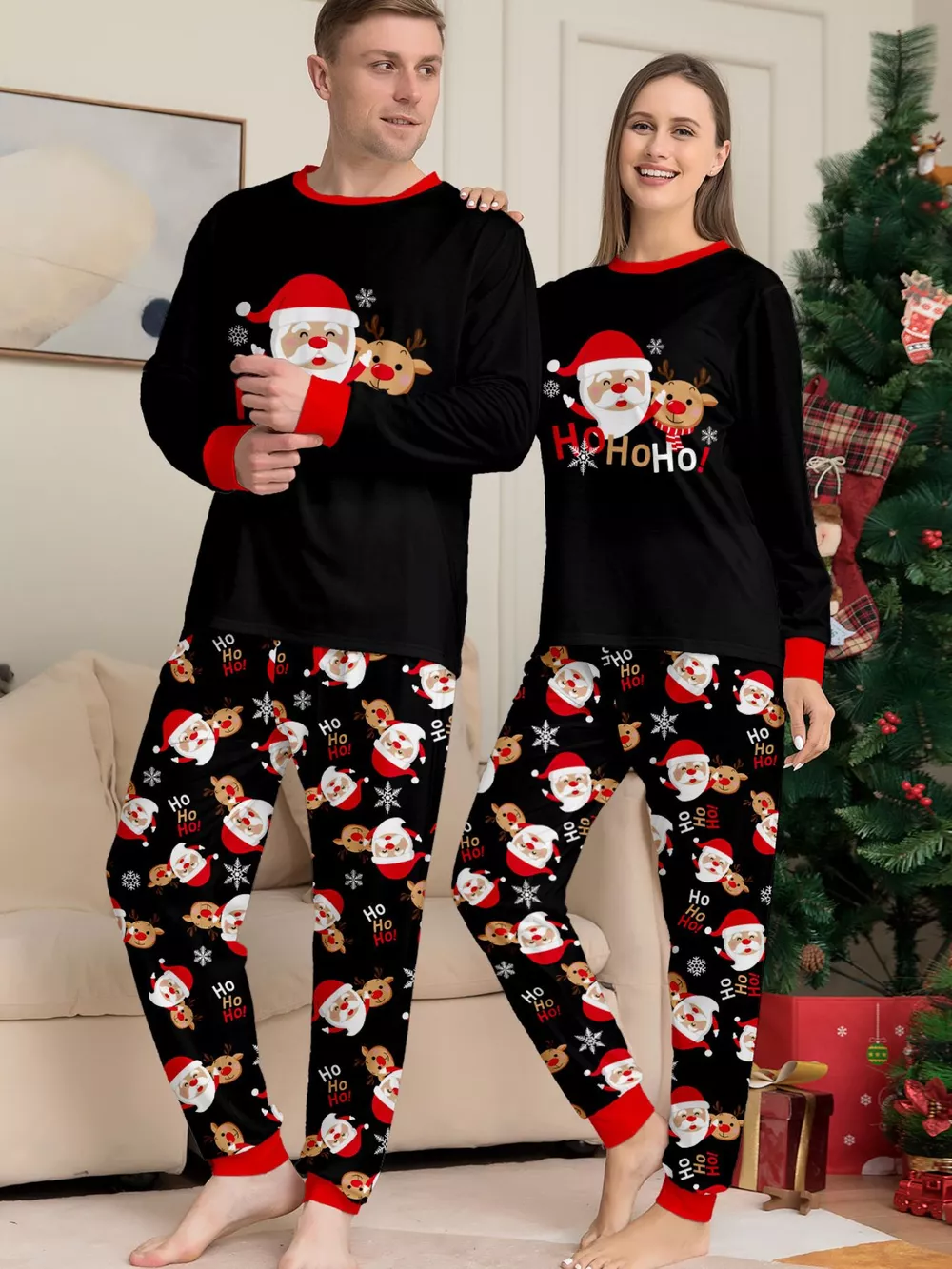 Full Size Matching Family Christmas Pajamas Set with Santa and Reindeer Print Plus Size, image 3