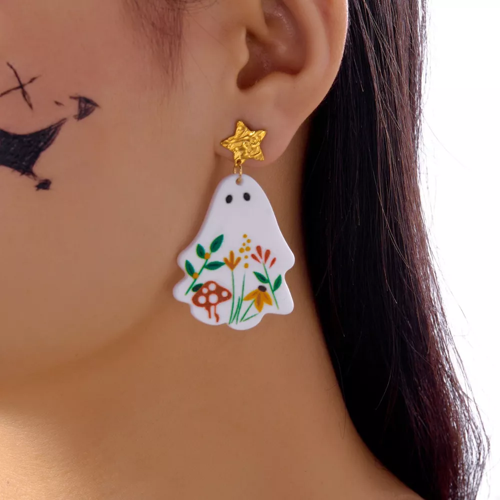 Whimsical Ghost Earrings with Floral Design