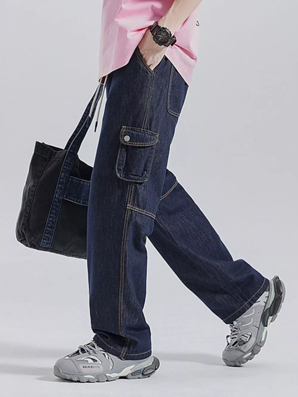 Men's Drawstring Washed Wide Leg Jeans, image 3