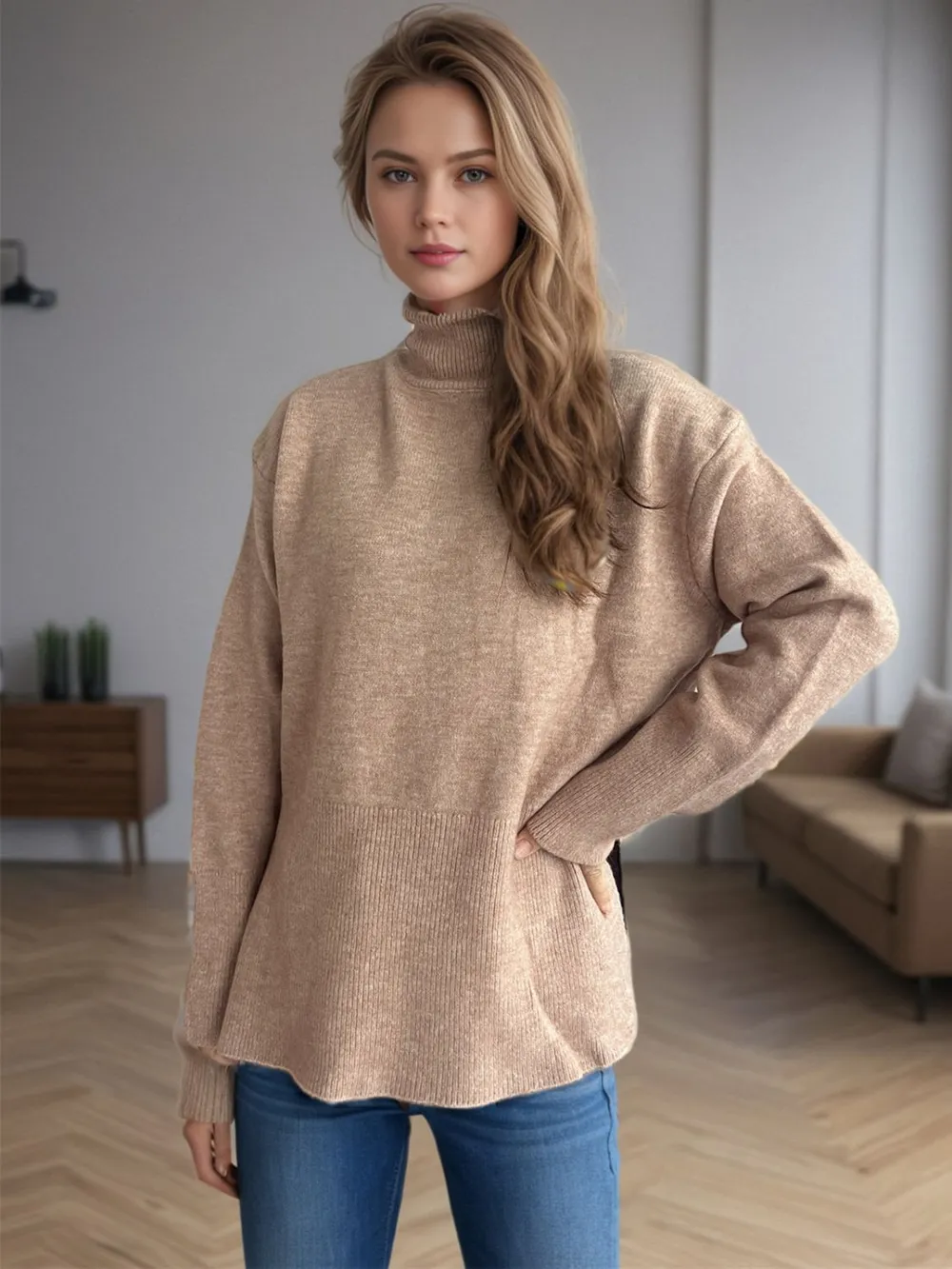 Side Slit Turtleneck Long Sleeve Sweater, image 5