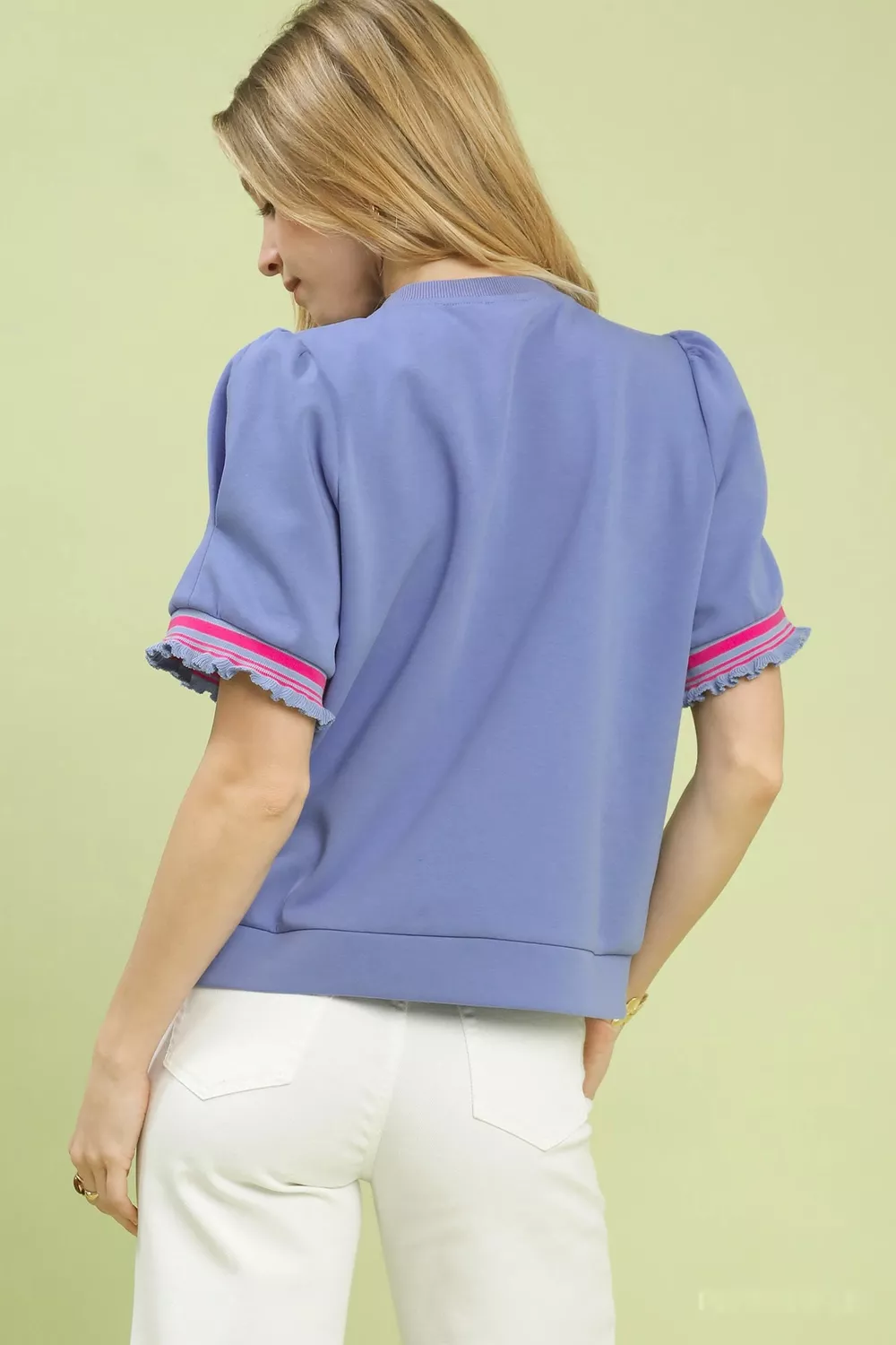 Puff Sleeve Button Front Top with Contrast Trim, image 4