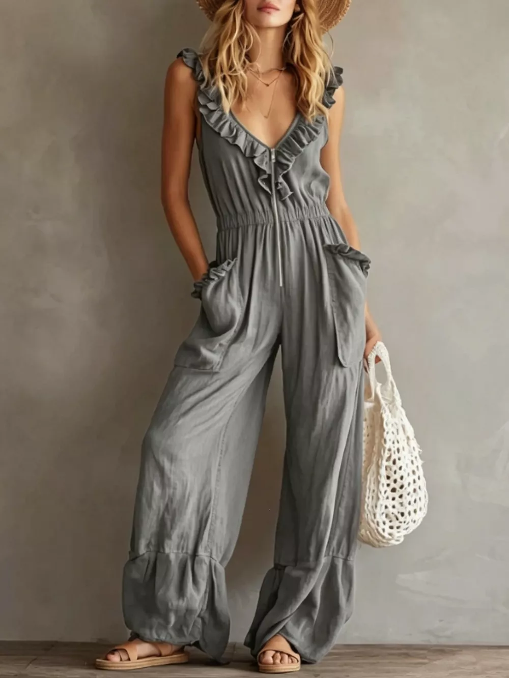 Ruffled V-Neck Wide Leg Jumpsuit, image 30