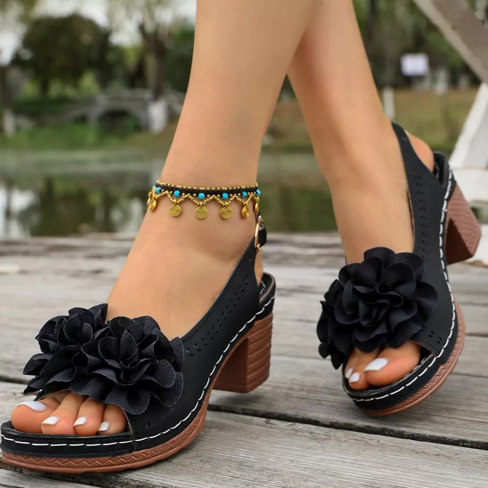 Floral Decor Chunky Heel Sandals, image 4