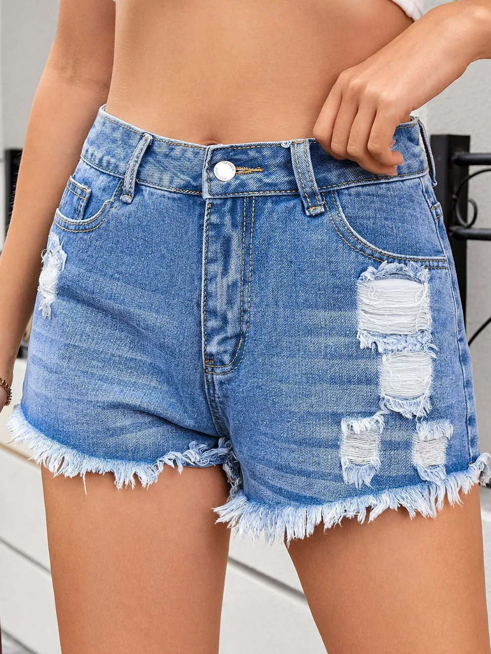 Distressed Raw Hem Denim Shorts, image 2