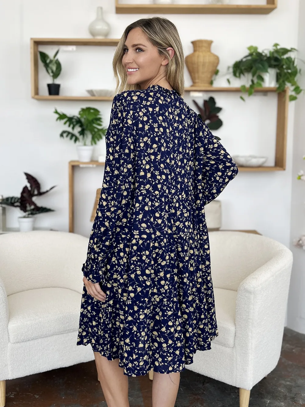 Full Size Printed Ruffle Hem Long Sleeve Tiered Dress, image 2