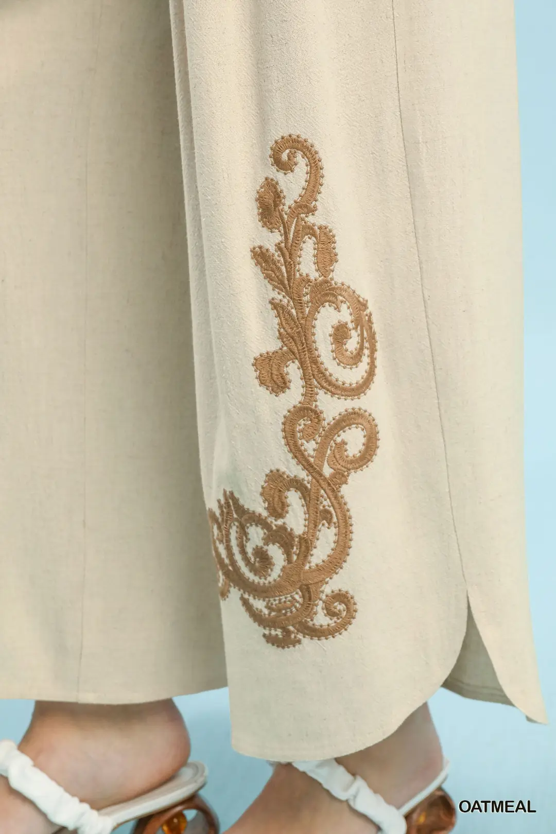 Linen Embroidered Wide-Leg Boho Pants, image 4