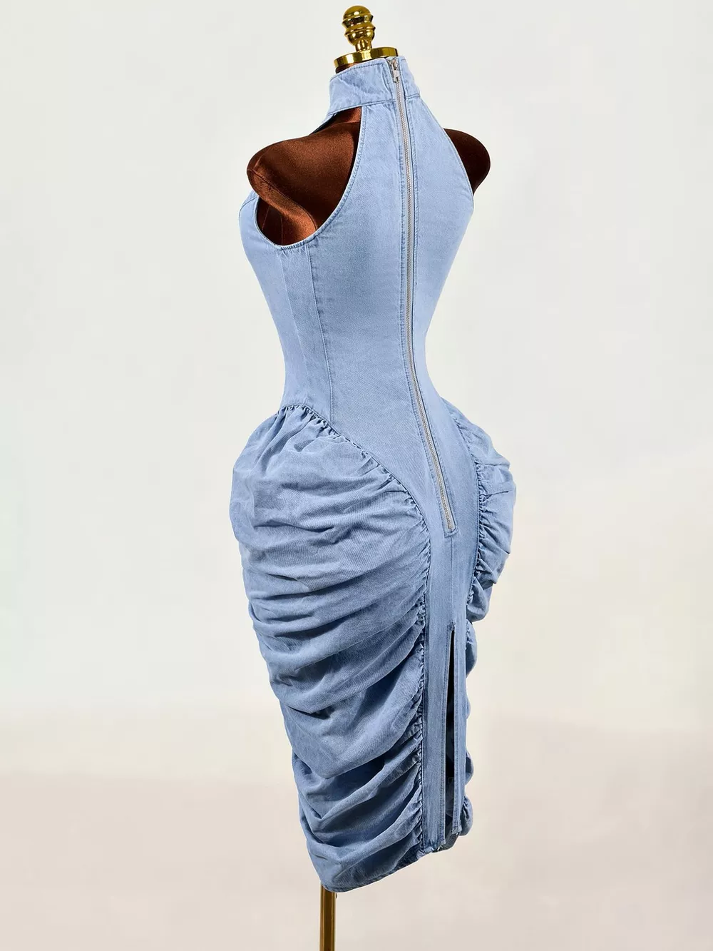 Sleeveless Mock Neck Ruched Bodycon Denim Dress, image 4