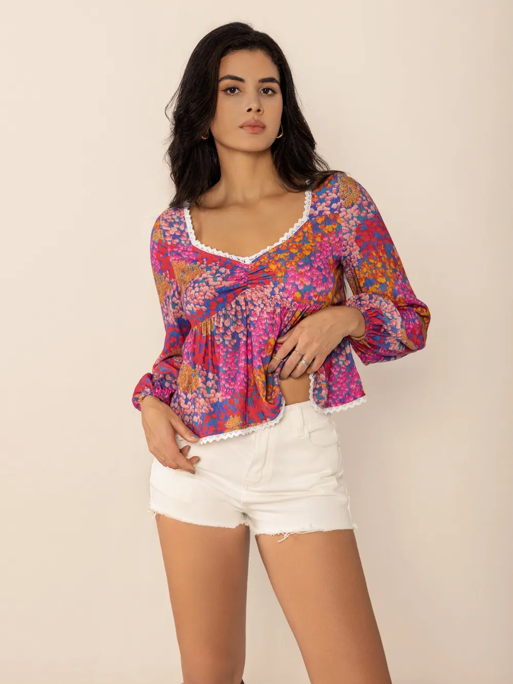 Lace Detail Printed Balloon Sleeve Top, image 2
