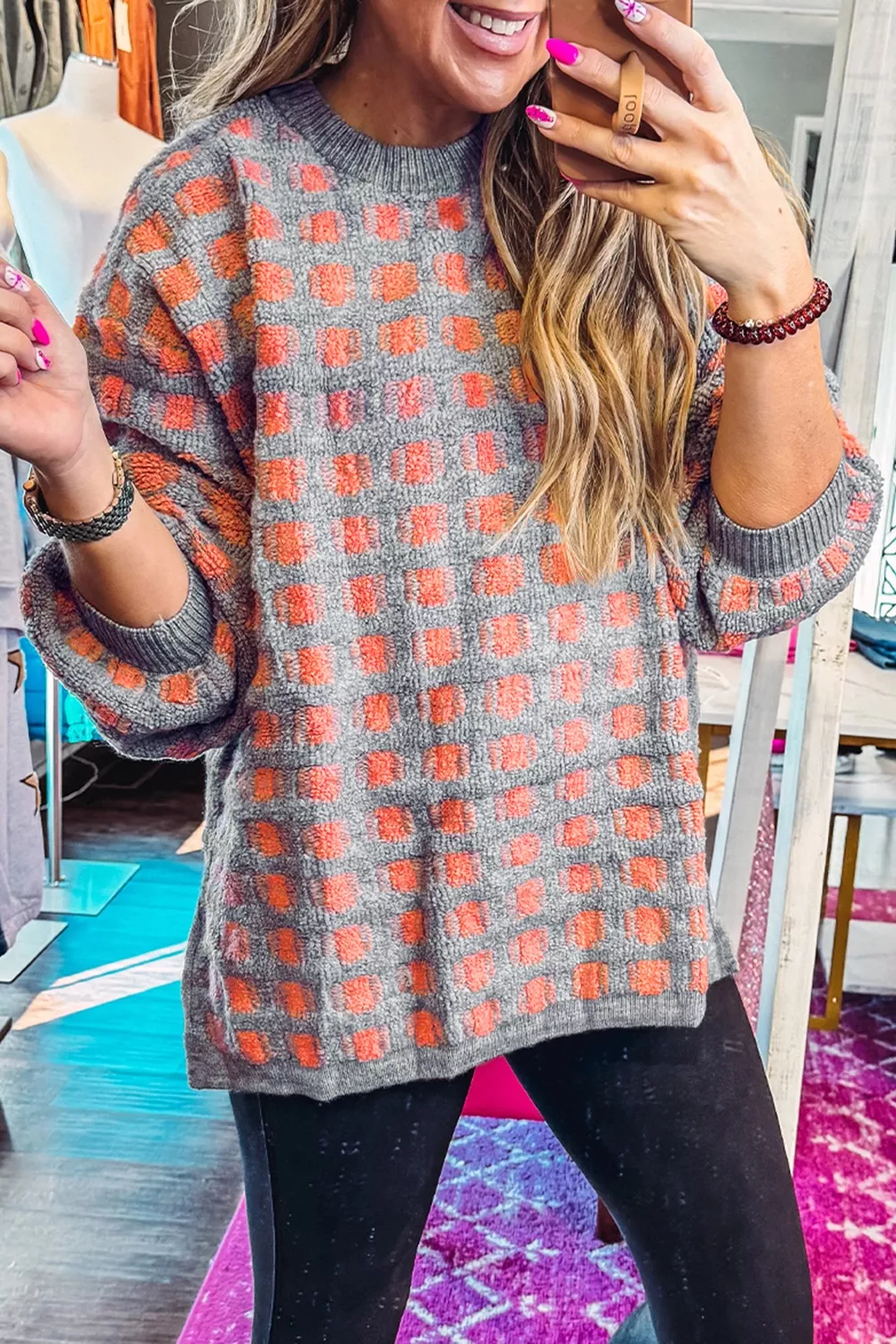 Plaid Round Neck Dropped Shoulder Sweater, image 2