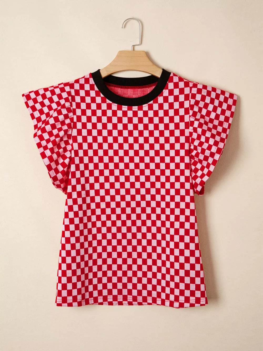 Checkered Print Ruffle Cap Sleeve Contrast Trim Round Neck Top, image 4