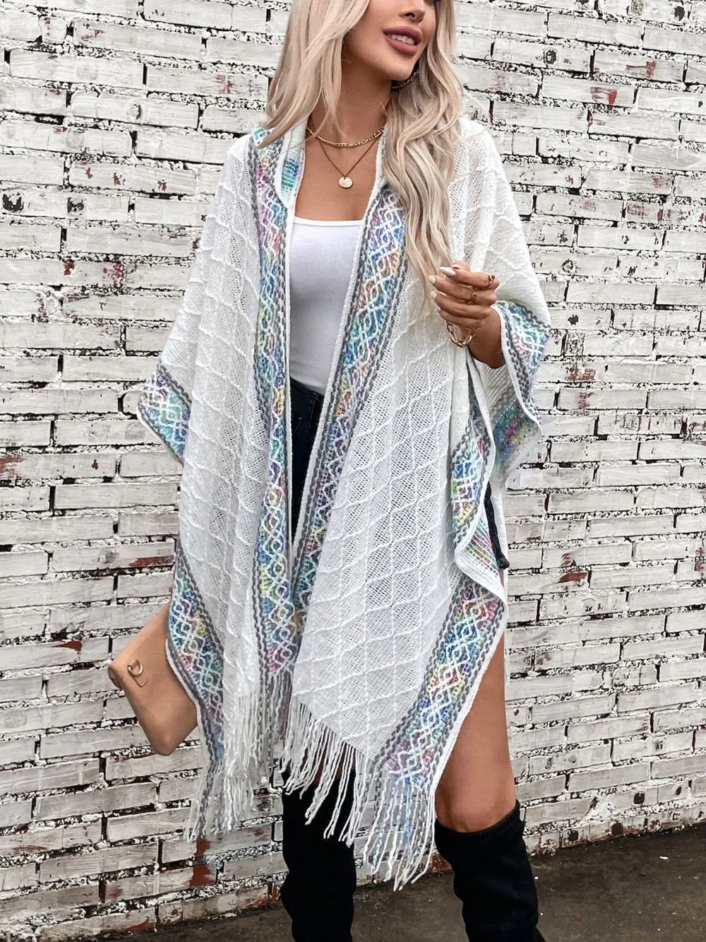 Fringe Half Sleeve Hooded Poncho, image 2