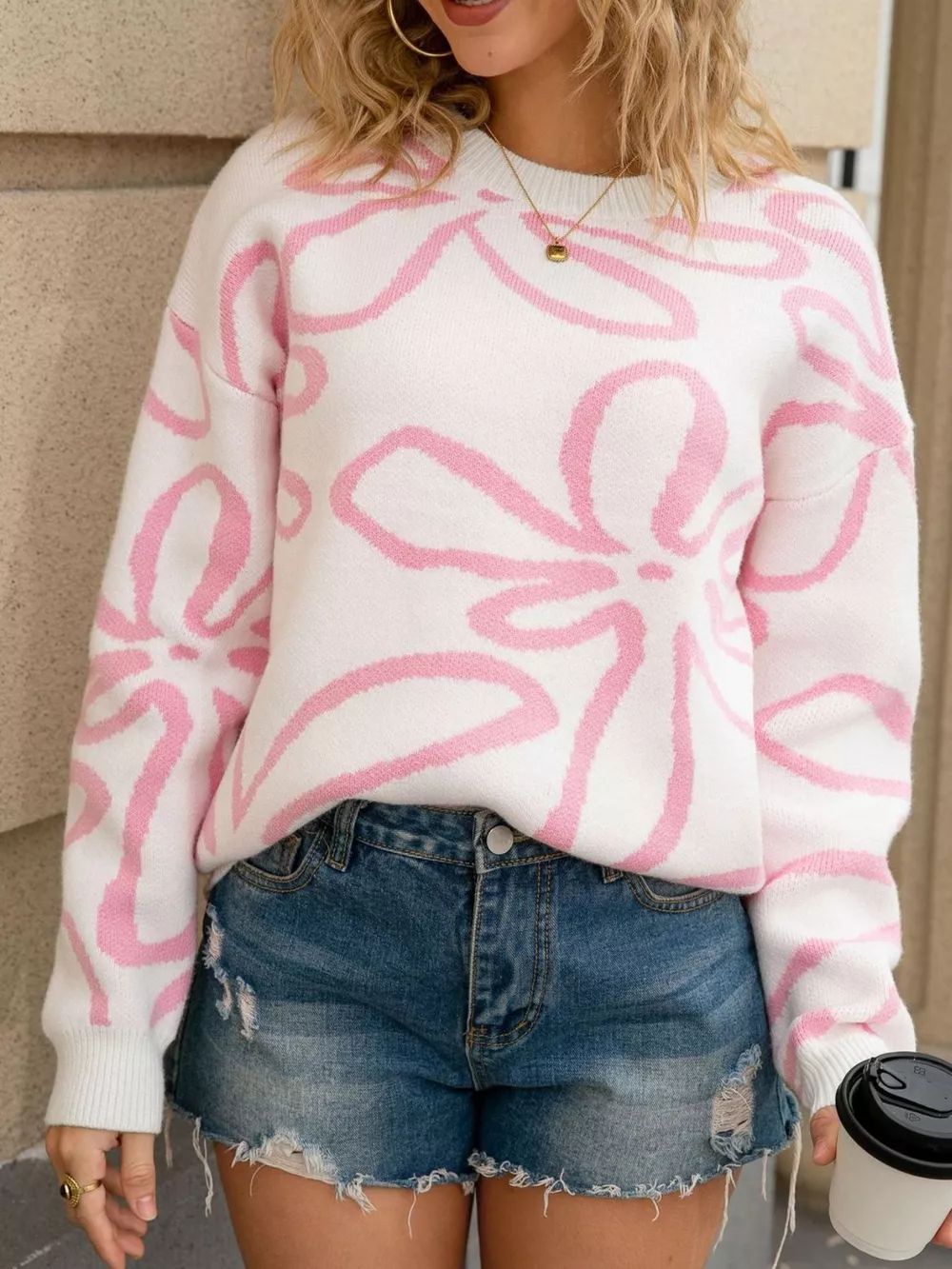Flower Crew Neck Long Sleeve Sweater, image 4