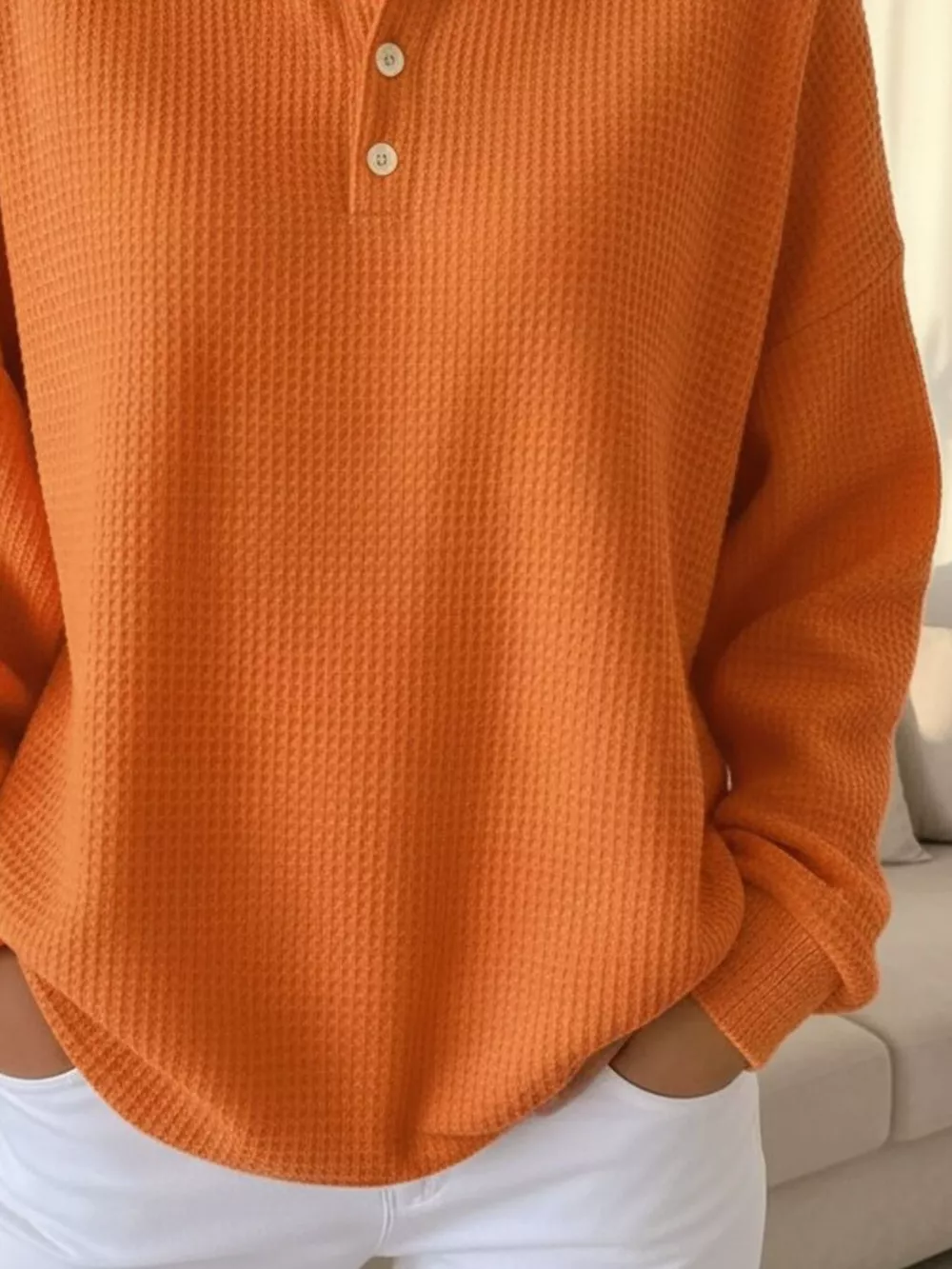 Full Size Waffle Knit Button Detail Sweatshirt Plus Size, image 2