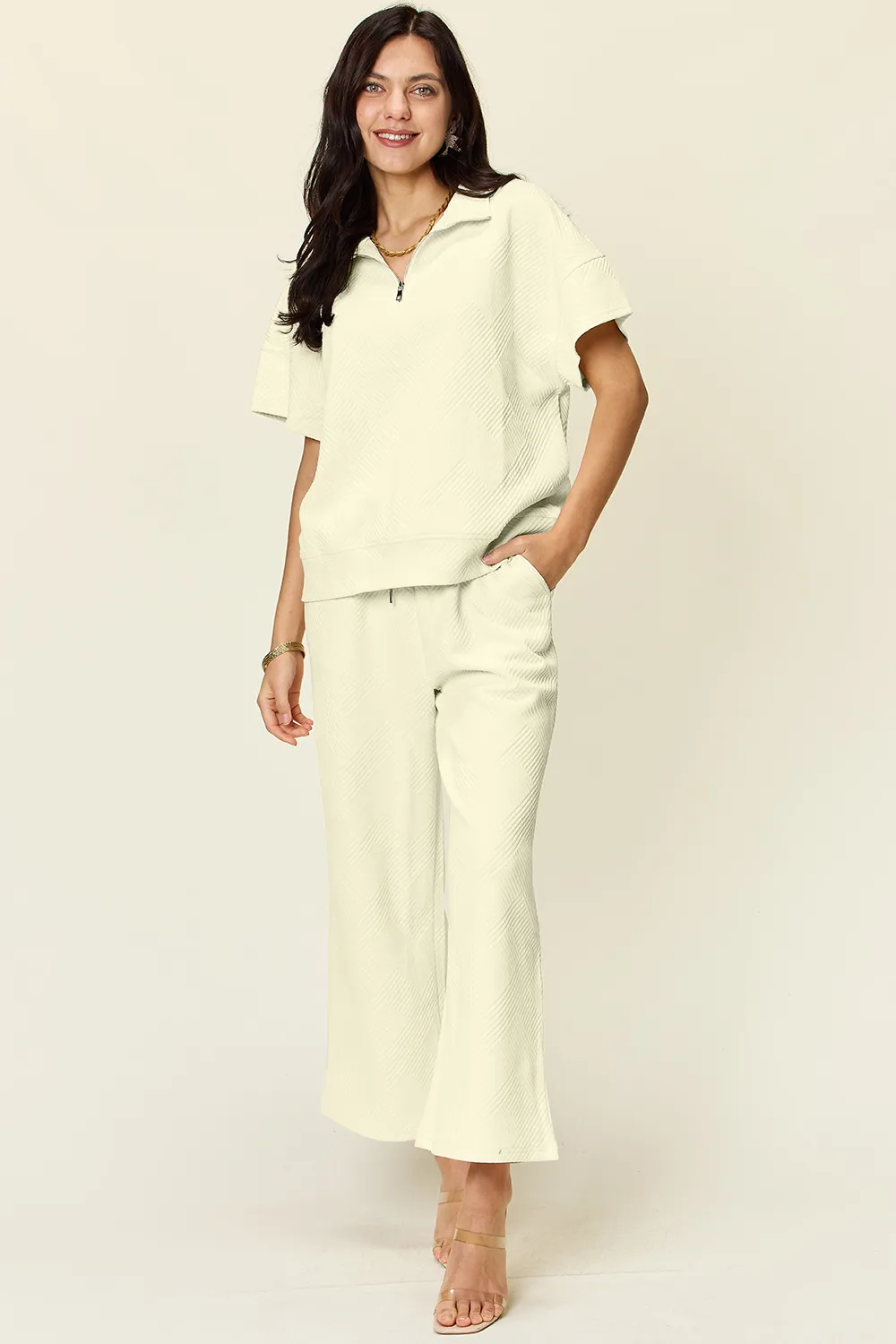Full Size Texture Half Zip Short Sleeve Top and Pants Set, image 2