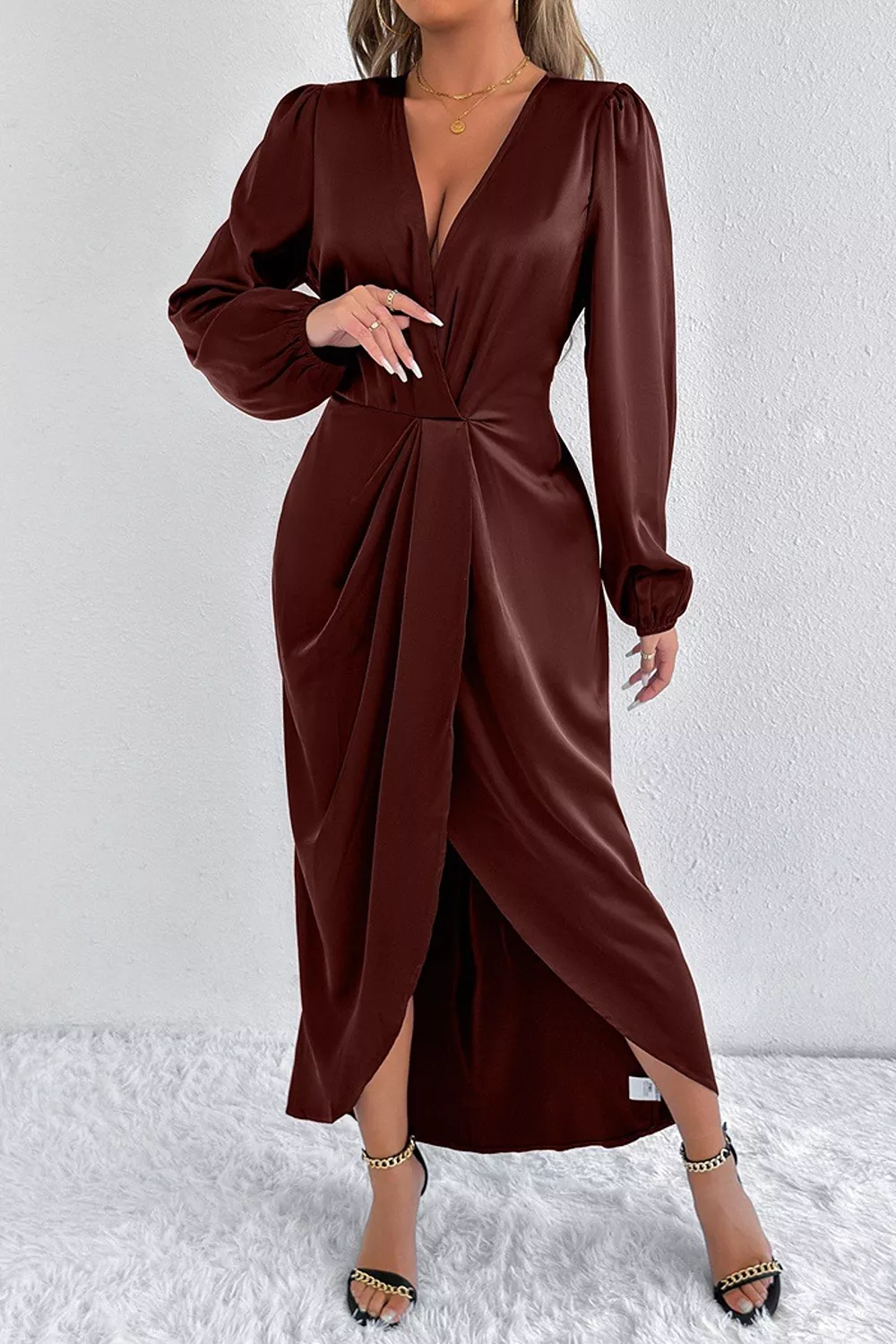 Satin Balloon Sleeve Midi Dress, image 22