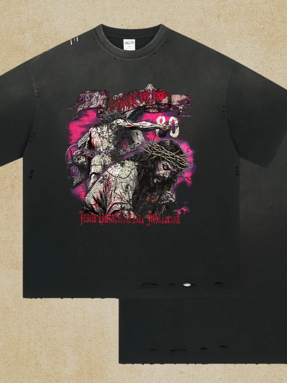 Men's Distressed Detail Round Neck Graphic T-Shirt, image 2