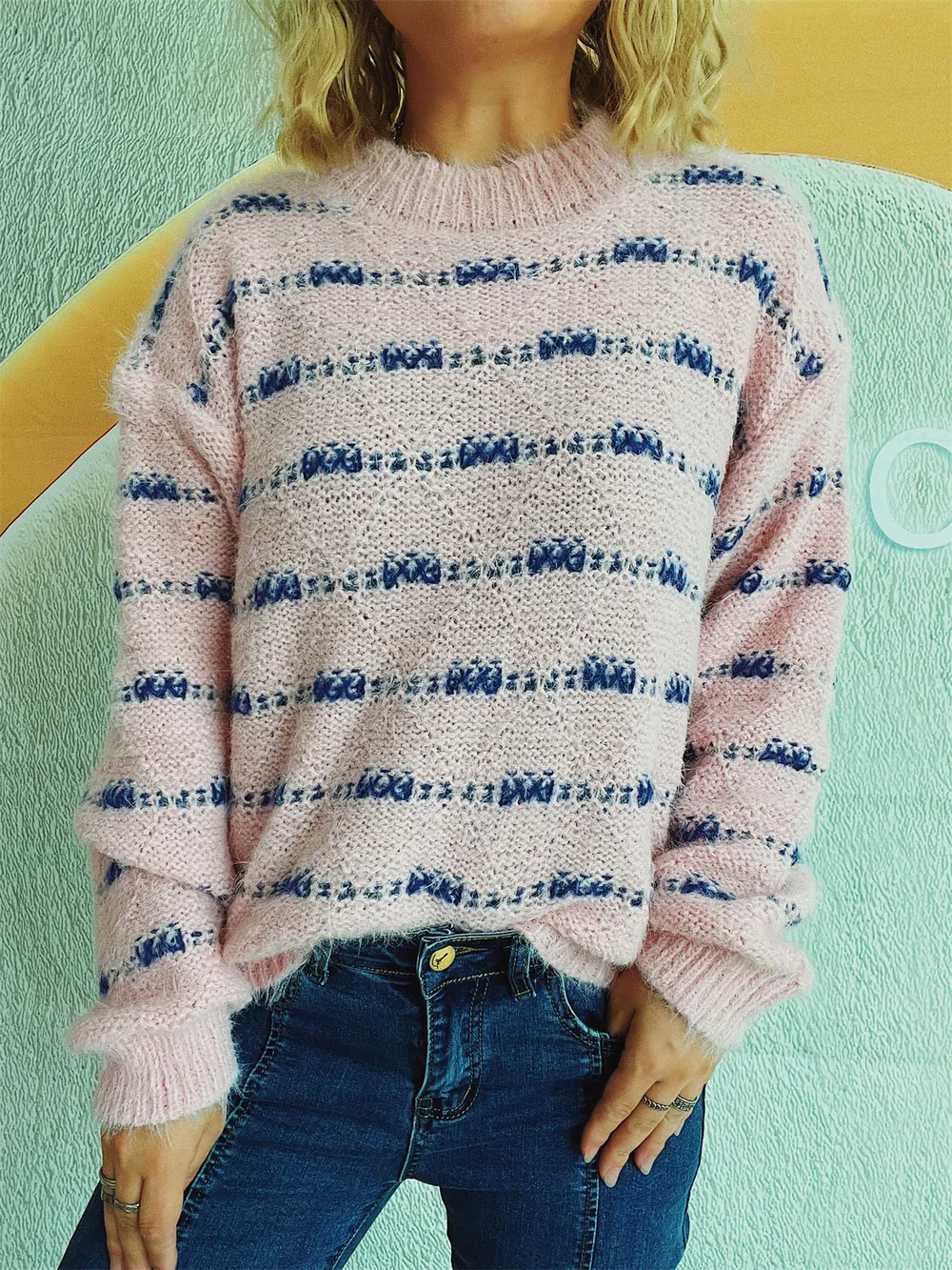 Striped Round Neck Long Sleeve Sweater, image 7