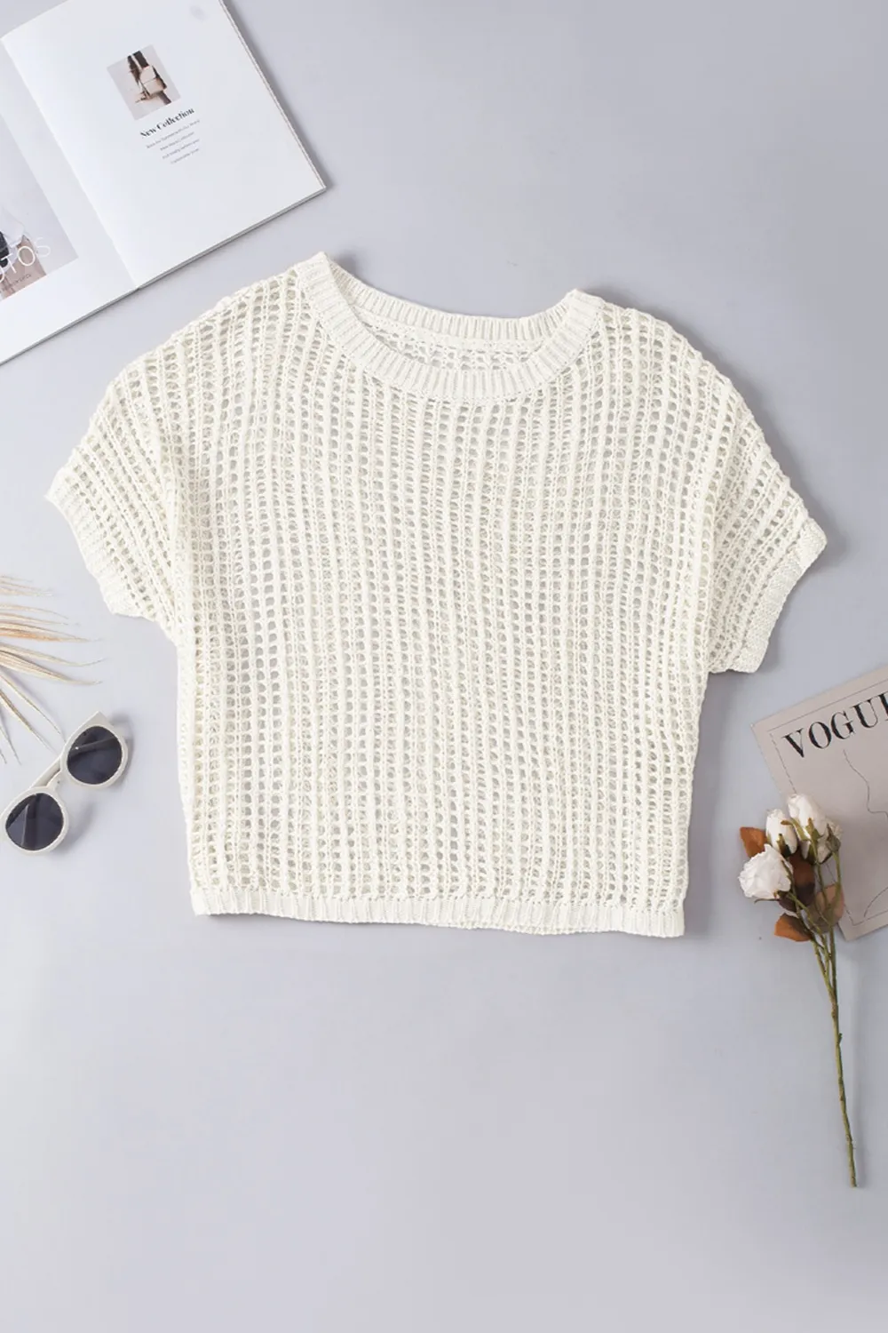 Openwork Round Neck Half Sleeve Knit Cover Up, image 2