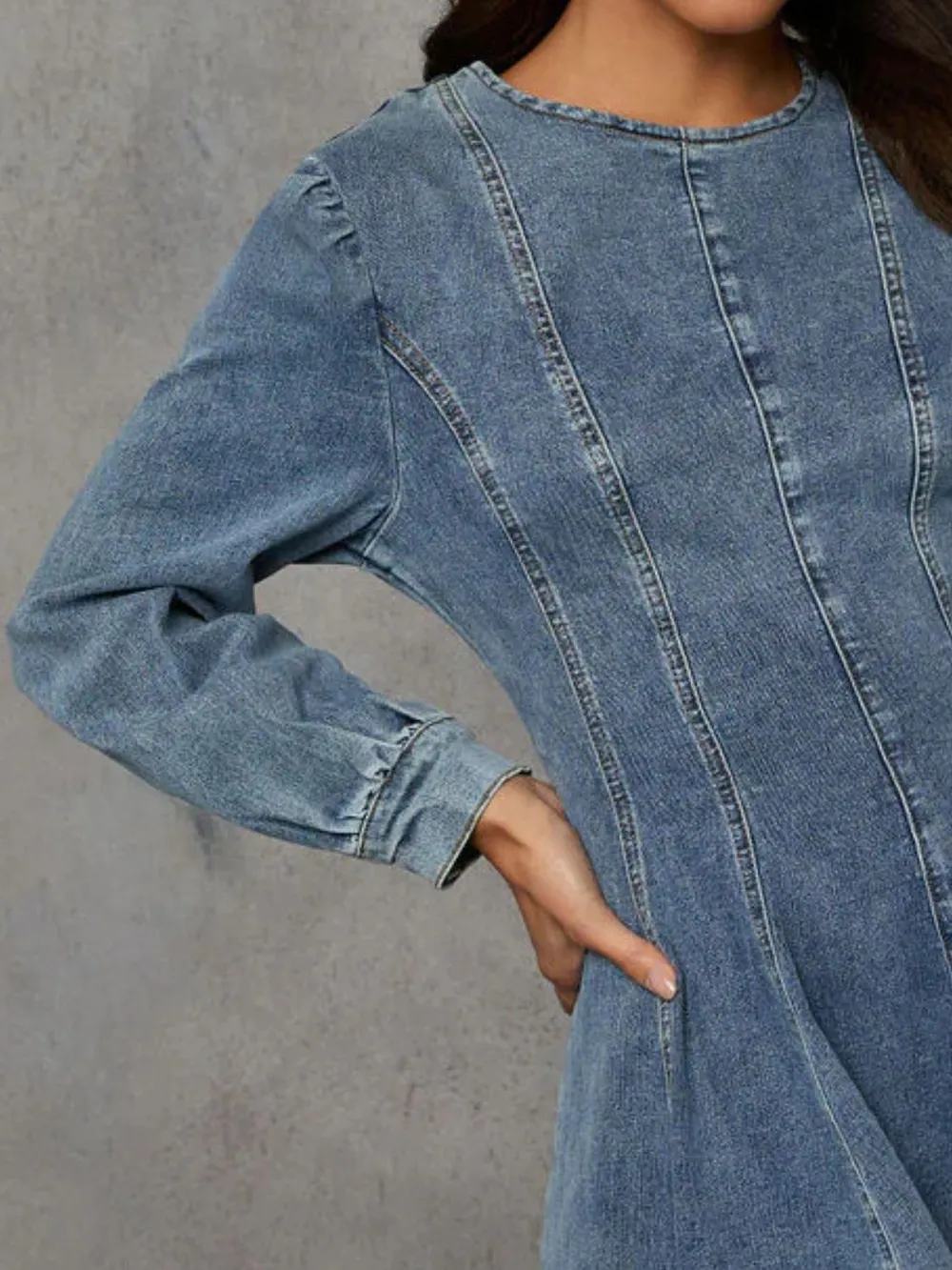 Back Zip Round Neck Long Sleeve Dress, image 6