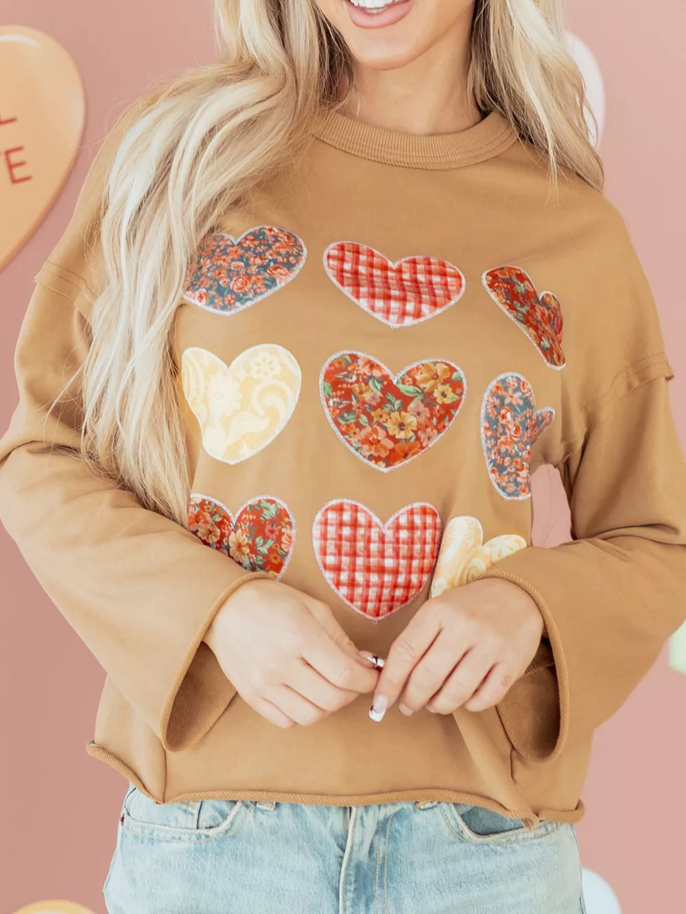 Plaid Floral Heart Stitched Exposed Seam Mineral Wash Sweatshirt, image 2