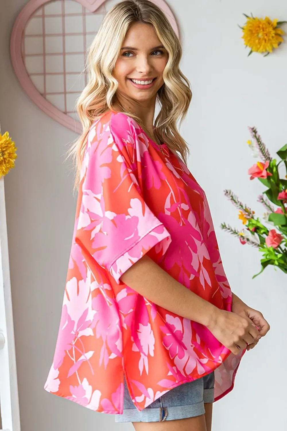 Slit Printed Round Neck Half Sleeve Blouse, image 4