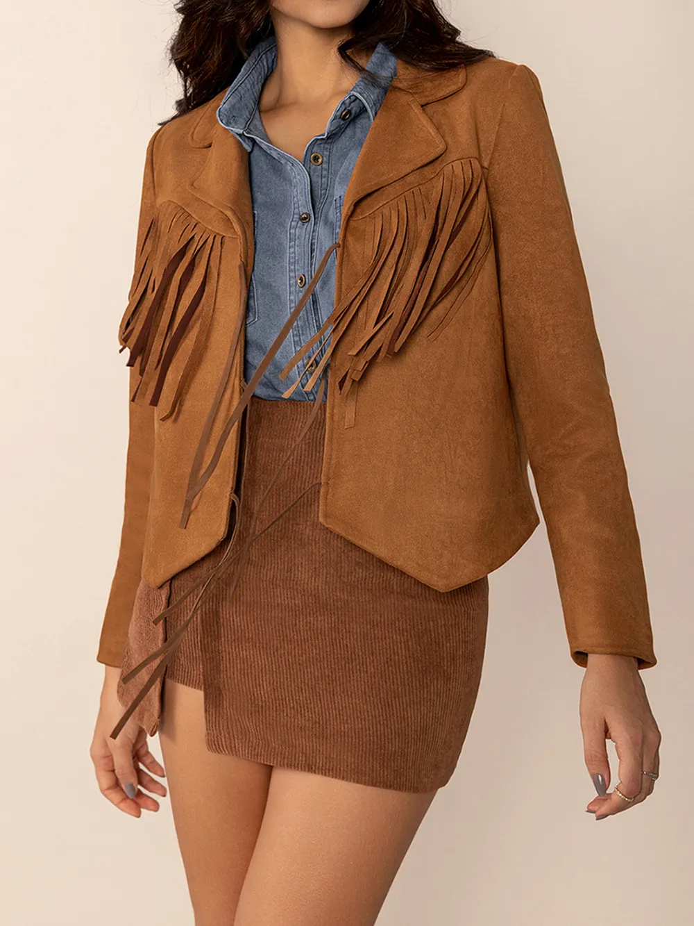 Tied Tassel Collared Neck Long Sleeve Jacket, image 2
