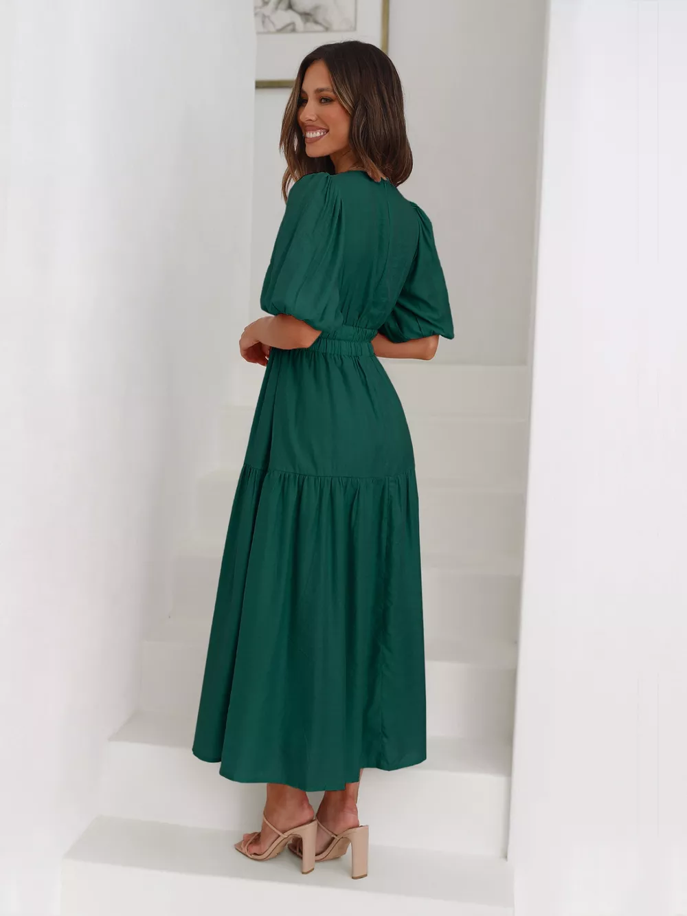 Tiered Puff Sleeve Midi Dress, image 2