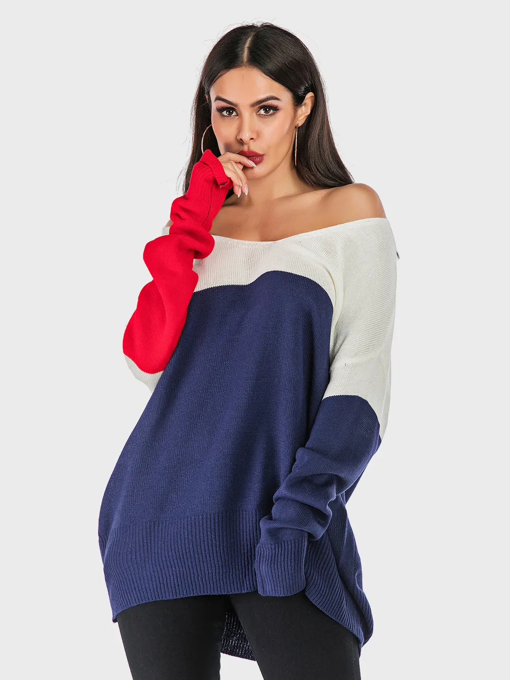 Contrast V-Neck Long Sleeve Knit Top, image 3
