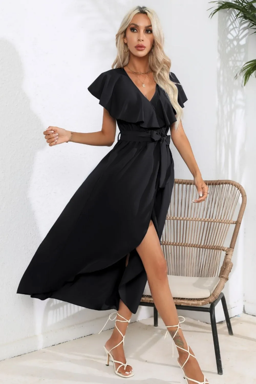 Ruffled Tied V-Neck Midi Dress, image 3
