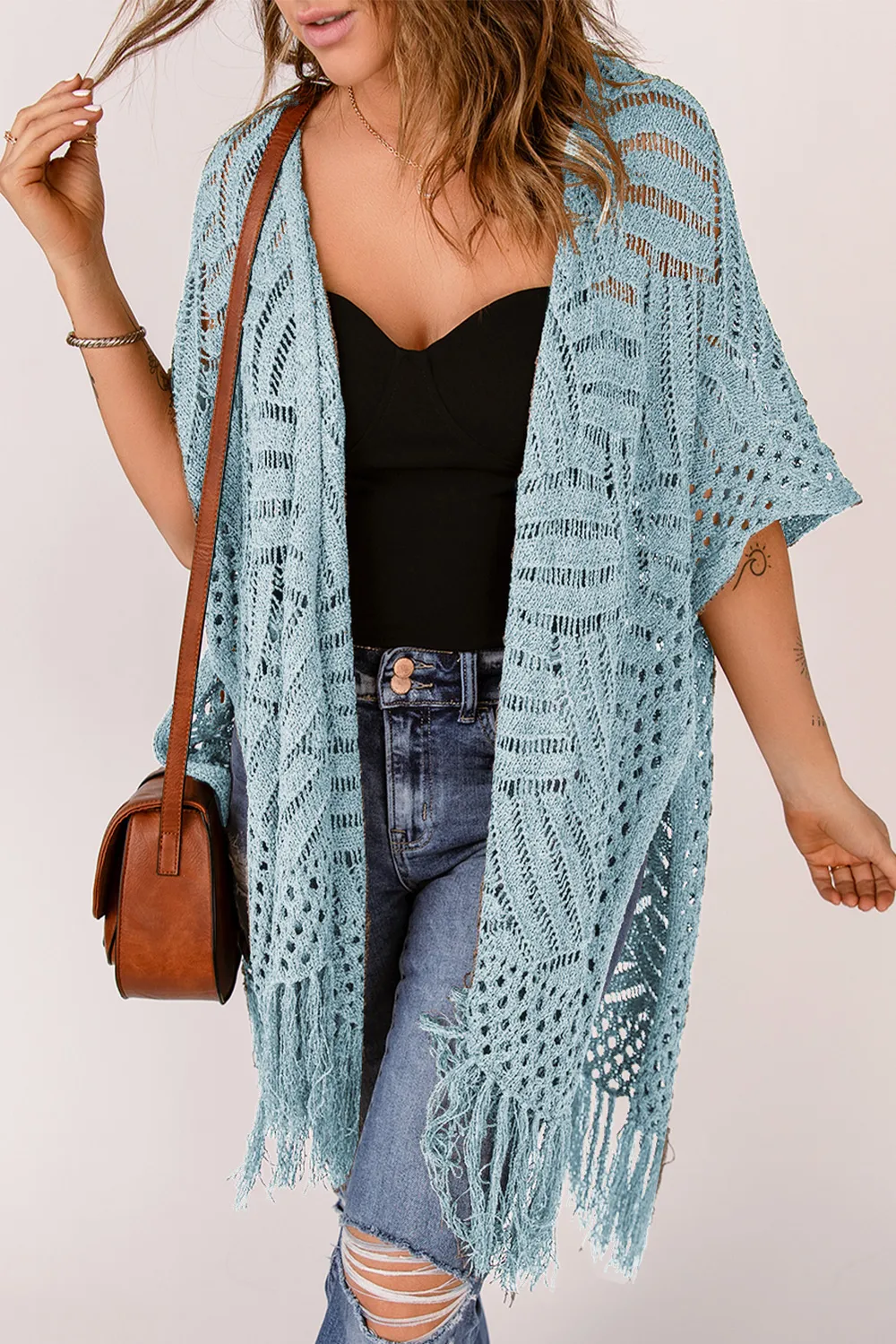 Openwork Open Front Cardigan with Fringes, image 3