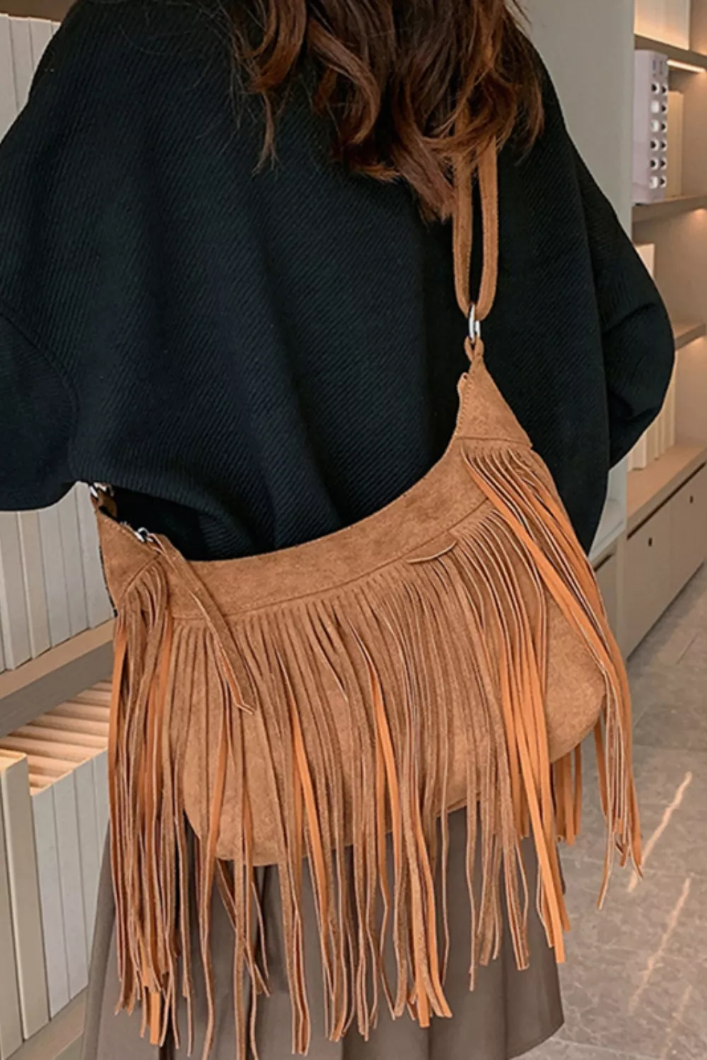 Suede Fringe Adjustable Strap Shoulder Bag, image 2