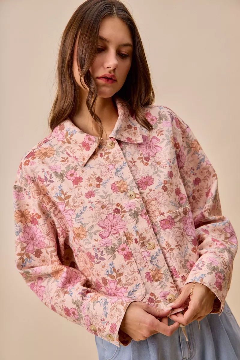 Floral Print Cotton Twill Button Down Barn Jacket, image 5